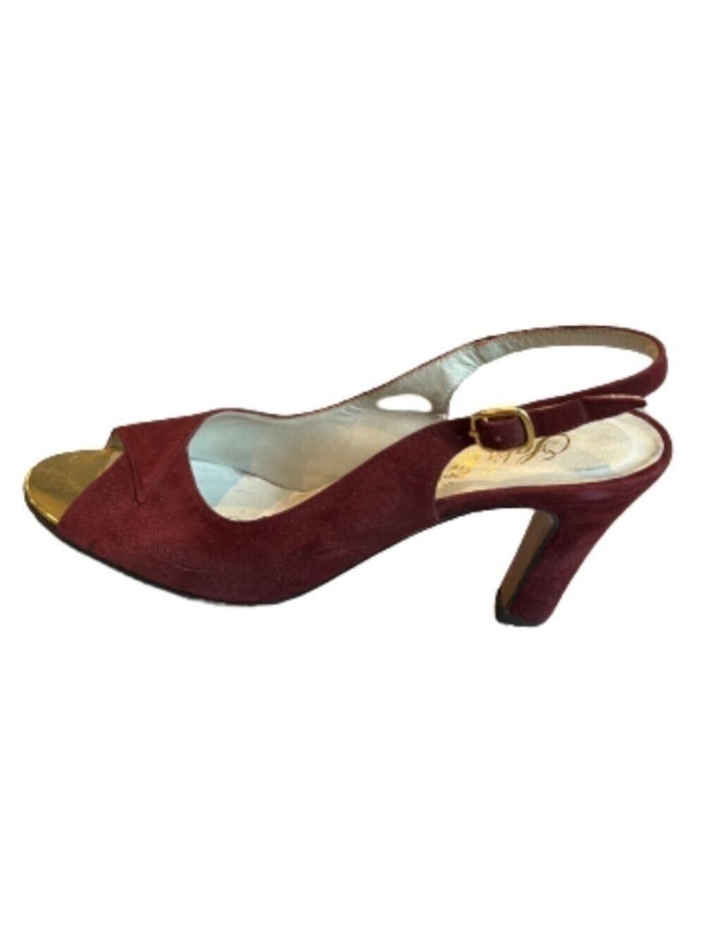 SAKS Fifth Avenue Burgundy Suede Peep Toe Slingback Heel Size 7 - Picture 2 of 12